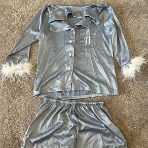 Blue Satin Pajama Set with Feather Trim